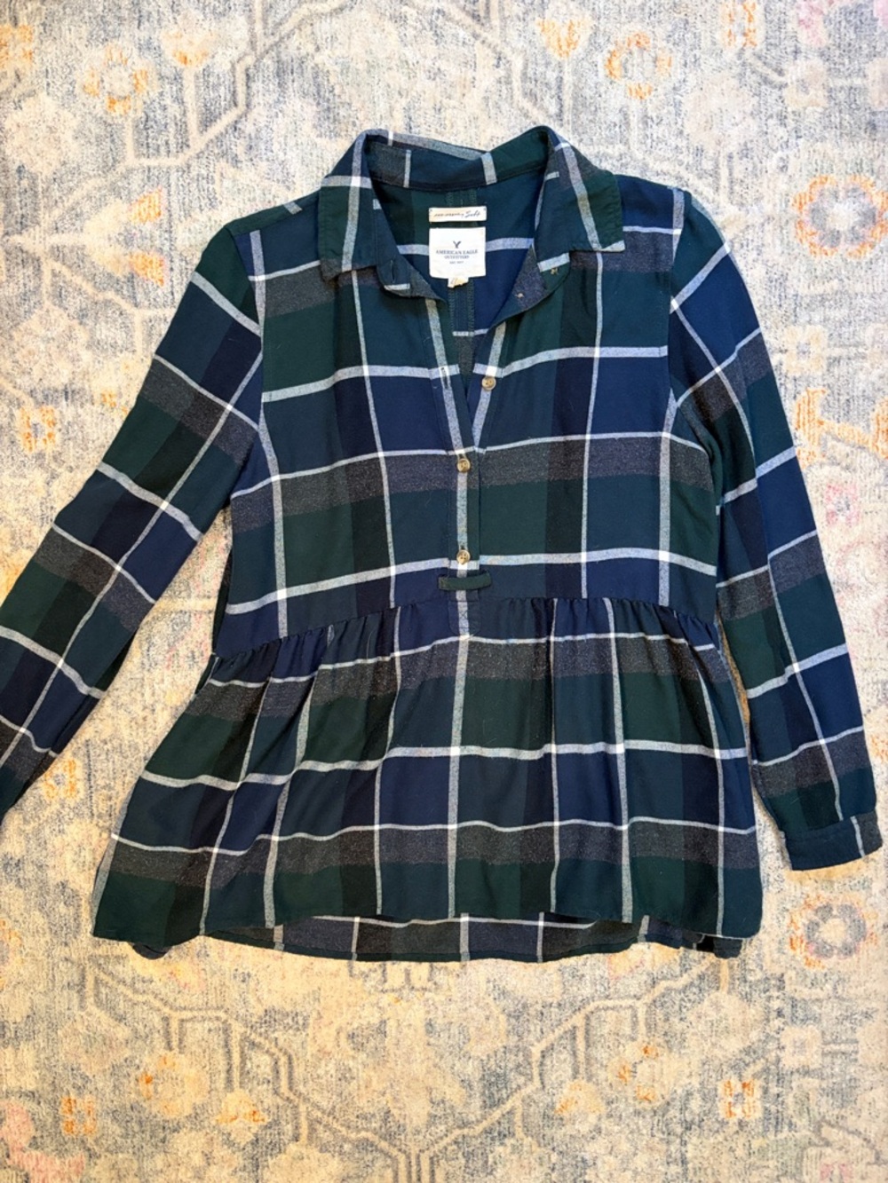 American Eagle Navy and Green Plaid Button-Front Peplum Top
